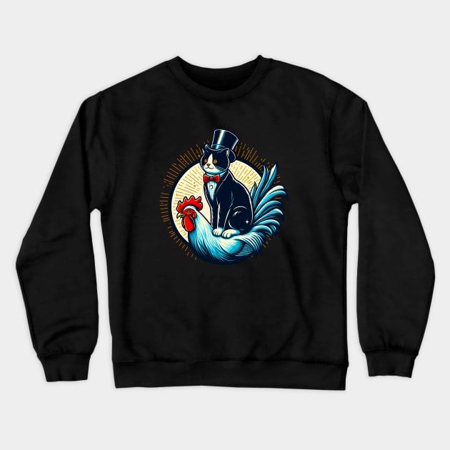 Tuxedo Cat on a Chicken Funny Crewneck Sweatshirt by T-shirt US
